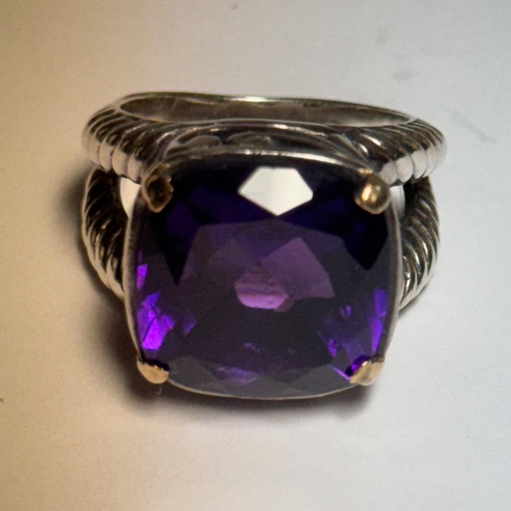 18k Yellow Gold & Sterling Silver Ring w/FACETED Amethyst STONE 'OS ID' HALLMARK - Picture 9 of 9